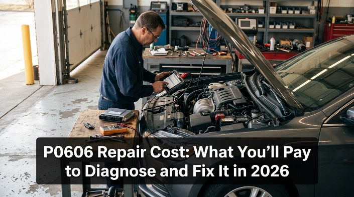 Technician diagnosing P0606 with OBD2 scanner, battery tester, and open engine bay