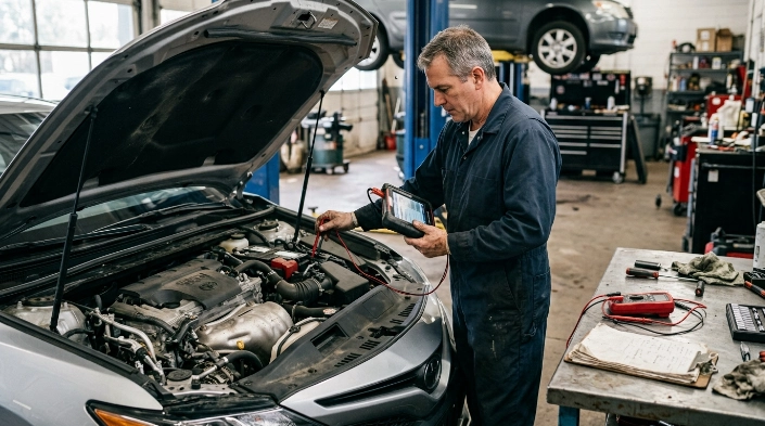Technician checking P0606 with scan tool, battery tester, wiring inspection, and diagnostic equipment