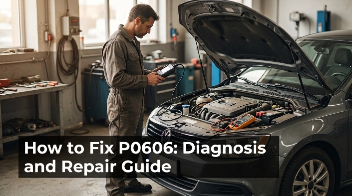Technician diagnosing P0606 with OBD2 scanner, battery tester, and open engine bay