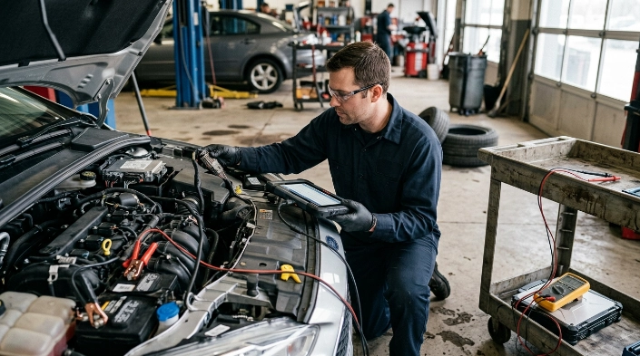Technician checking P0606 with scan tool, battery tester, wiring inspection, and diagnostic equipment