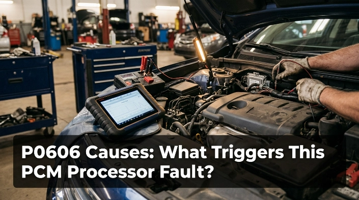 Technician diagnosing common P0606 causes around a vehicle PCM, battery, wiring, and connectors