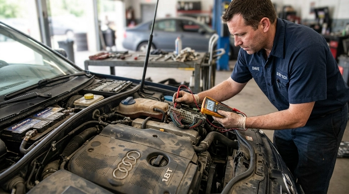 Technician testing PCM power, grounds, battery, wiring, and connectors for common P0606 causes