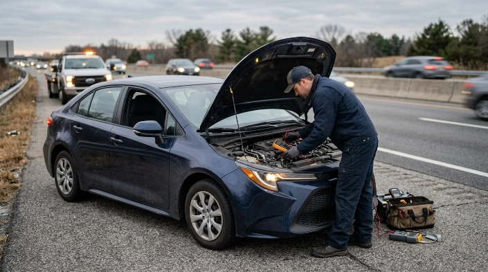 Vehicle stopped for P0606 symptoms while a technician checks the engine and electrical system
