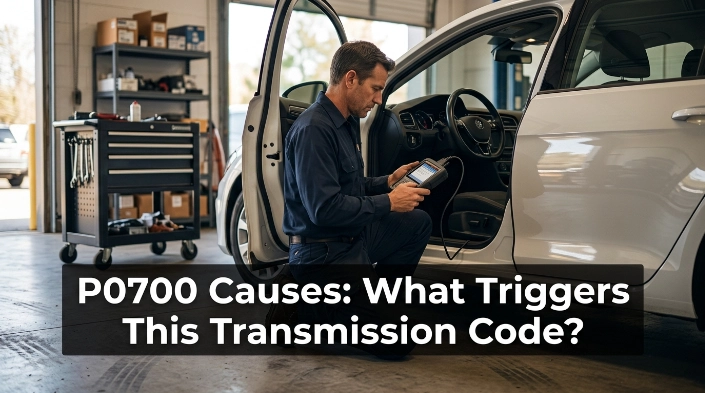 Technician using OBD2 scanner to diagnose common P0700 causes in a vehicle