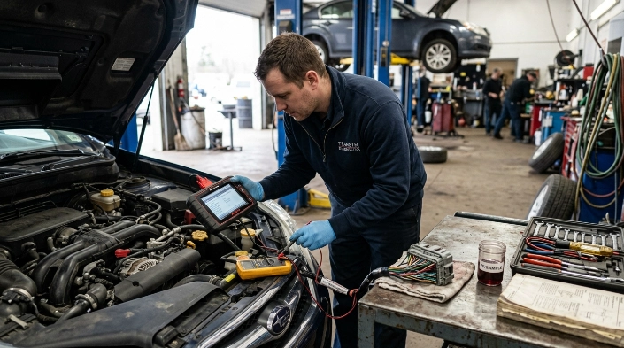 Technician checking wiring, fluid and scan data while diagnosing common P0700 causes