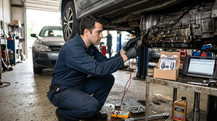 Technician checking wiring, fluid and scan data while diagnosing common P0700 causes