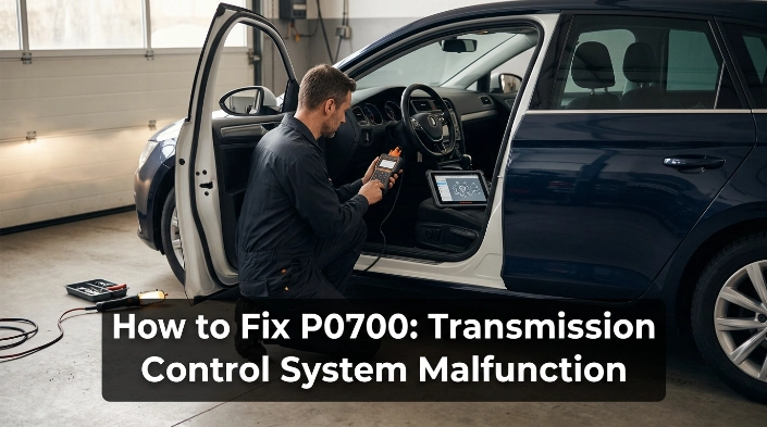 Technician using an OBD2 scanner to diagnose how to fix P0700 transmission faults