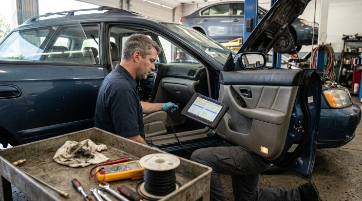 Technician scanning TCM, inspecting wiring and testing systems while diagnosing how to fix P0700