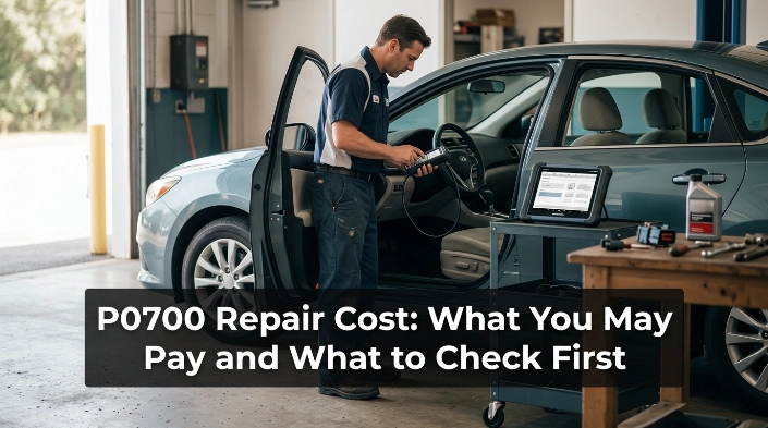 Mechanic scanning a car to diagnose P0700 repair cost before transmission repairs