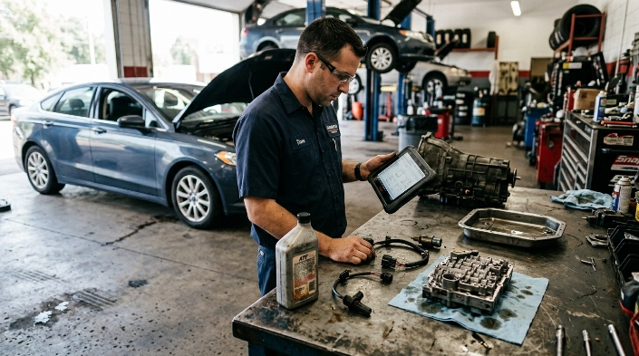 Technician comparing components that can affect P0700 repair cost after diagnosis