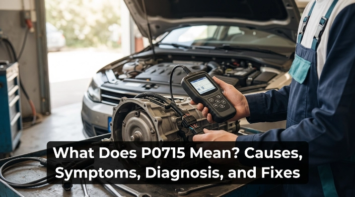 Mechanic diagnosing what does P0715 mean with an OBD2 scanner beside a transmission harness.