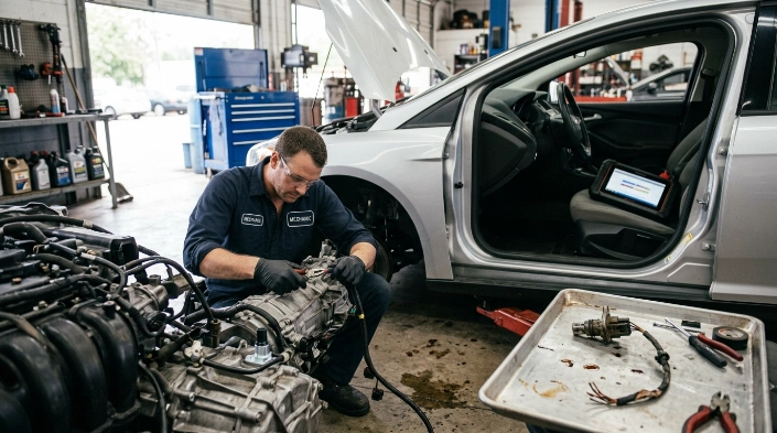 Technician repairing P0715 transmission wiring and input speed sensor before a verification drive.