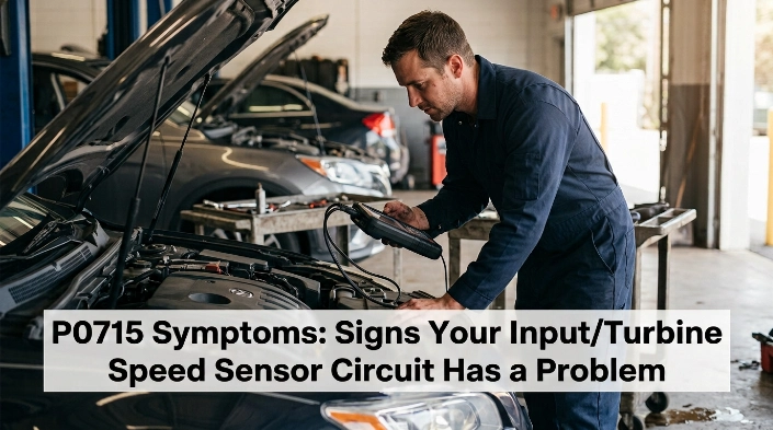 Technician using an OBD2 scanner to investigate P0715 symptoms and transmission speed sensor faults