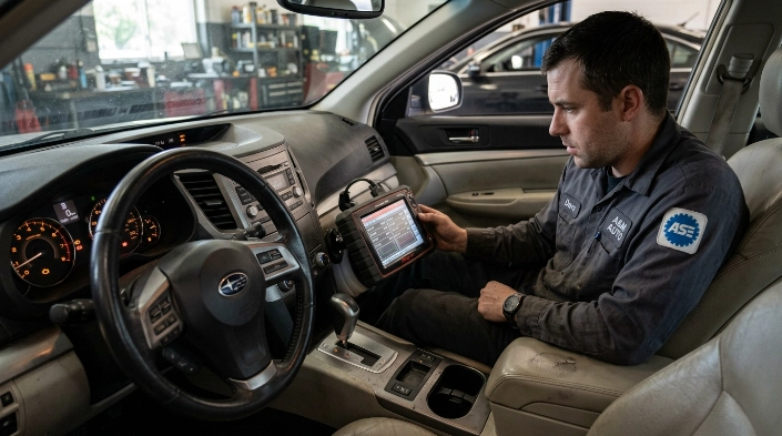 Technician reviewing transmission data after experiencing common P0715 symptoms during a road test