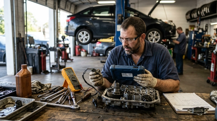 Technician comparing P0715 repair options including sensor, wiring, diagnostics, and transmission components