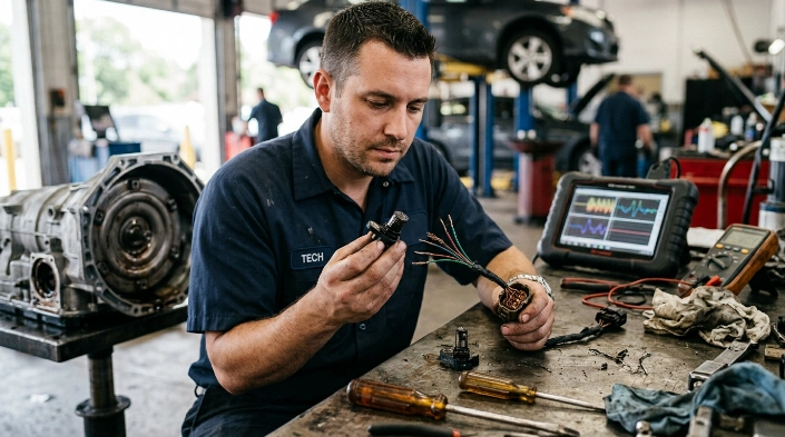 P0715 causes shown through input speed sensor, damaged wiring, connector and metallic debris inspection