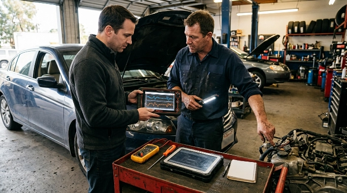 Vehicle owner and technician reviewing P0715 causes, live data and transmission wiring before repairs