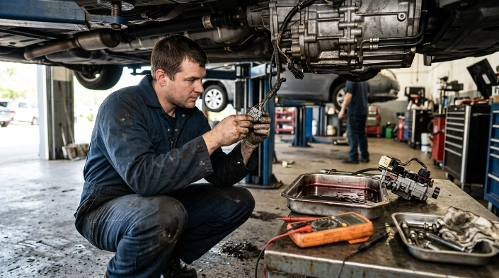 Technician inspecting wiring, solenoids and transmission components while diagnosing common P0740 causes.