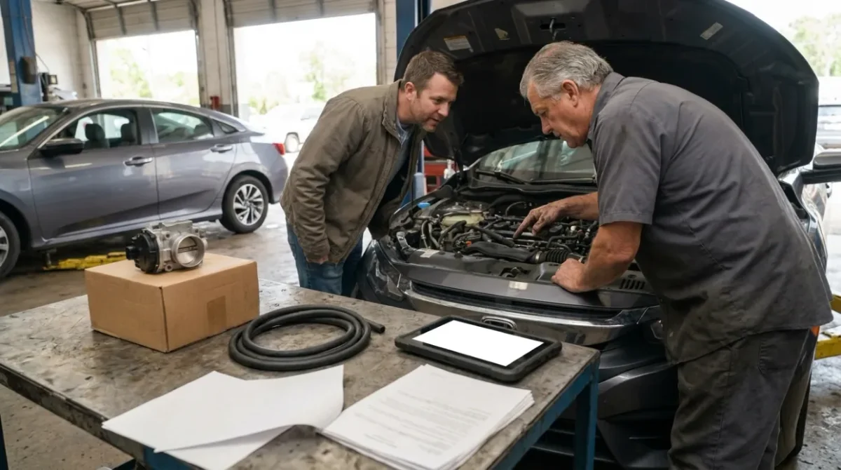 Mechanic shows a diagnosed air leak before approving an expensive P0507 repair