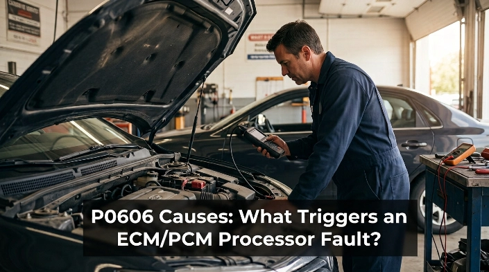 Technician diagnosing P0606 causes with an OBD2 scanner, battery checks, and PCM wiring inspection.