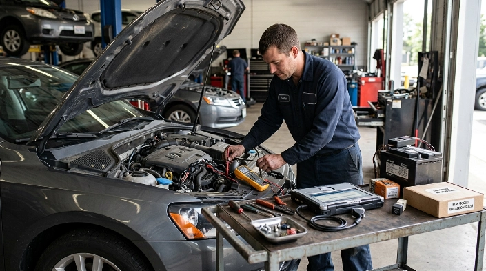 Automotive technician comparing repair paths for confirmed P0606 battery, wiring, software, or PCM faults.