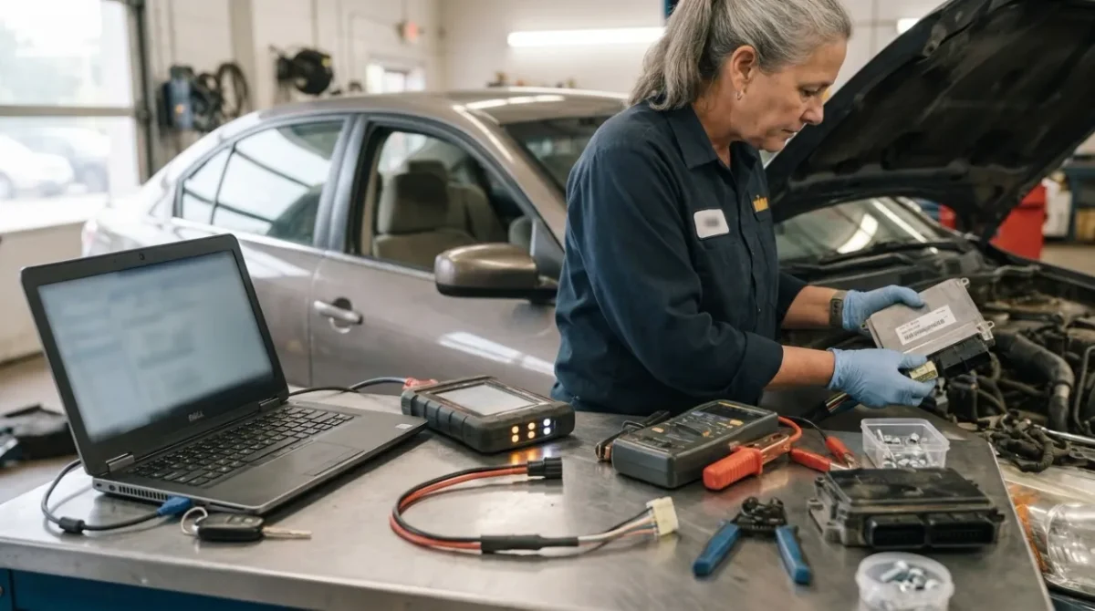Technician preparing a diagnosed P0606 PCM repair with wiring, programming, and module equipment