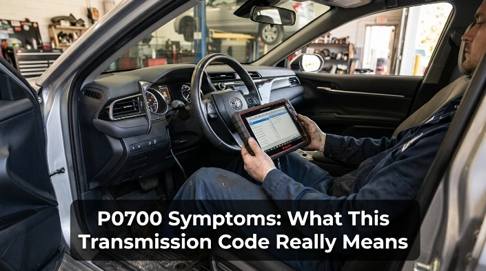 Dashboard warning and transmission scan illustrating common P0700 symptoms and diagnosis.