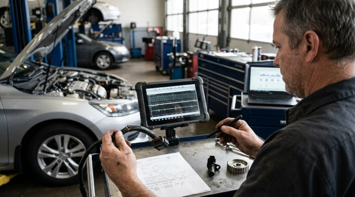 Technician tracing a recurring fault after an attempted how to fix P0715 repair