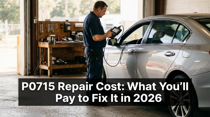 Technician diagnosing P0715 repair cost with an OBD2 scanner beside a car in a repair garage.