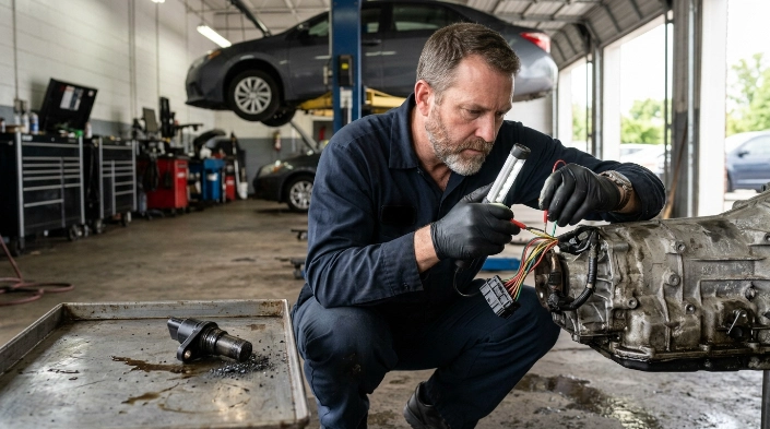 Mechanic inspecting wiring and speed sensor while diagnosing how to fix P0715