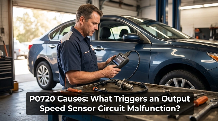 Technician diagnosing P0720 causes with an OBD2 scanner and transmission output speed sensor.