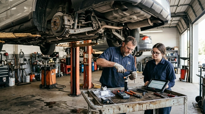 Technician repairing a confirmed P0720 wiring fault beside the transmission in a professional workshop.