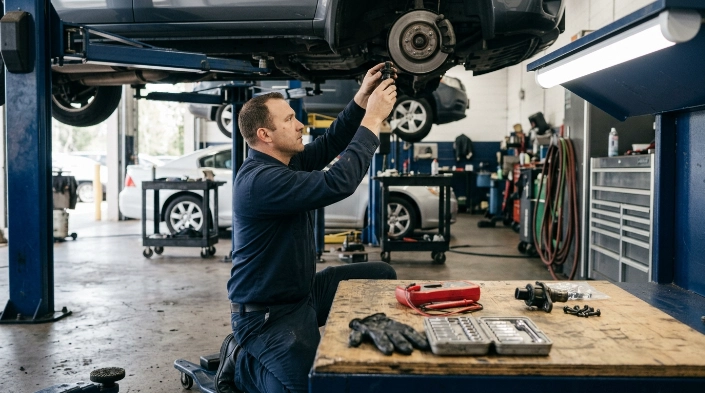Technician repairing a P0720 output speed sensor circuit with sensor, wiring, connector, and test tools.