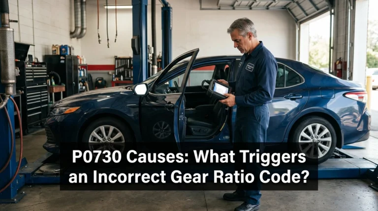 Technician diagnosing P0730 causes with an OBD2 scanner beside a car in a repair garage