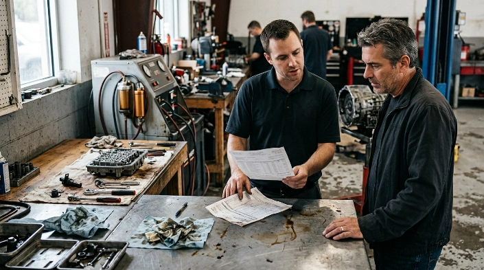 Vehicle owner reviewing P0730 repair options from fluid service to transmission replacement