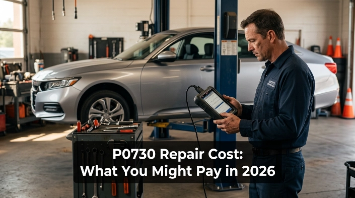 Mechanic diagnosing a vehicle for P0730 repair cost and transmission ratio problems