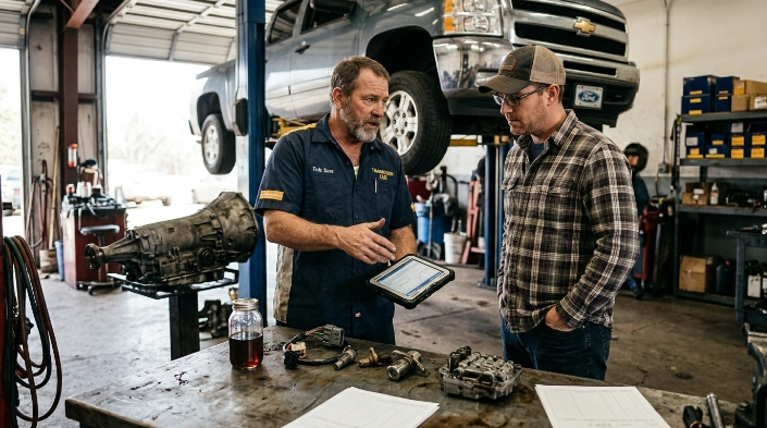 Technician discussing P0730 repair options beside sensors, solenoids, valve body, and transmission parts