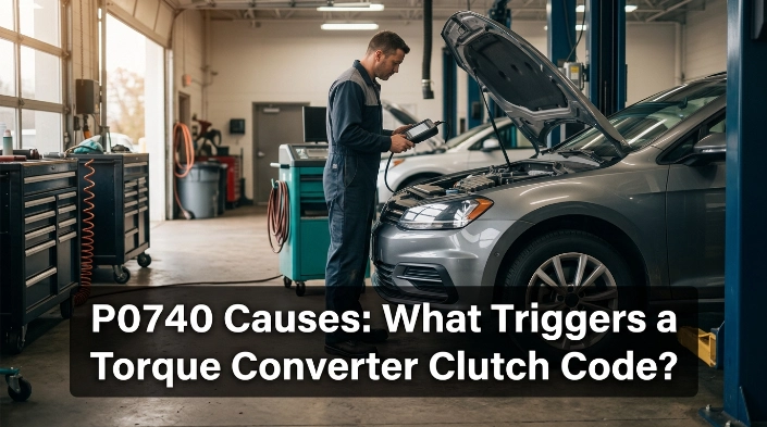 Technician diagnosing P0740 causes with an OBD2 scanner beside a car in a workshop.