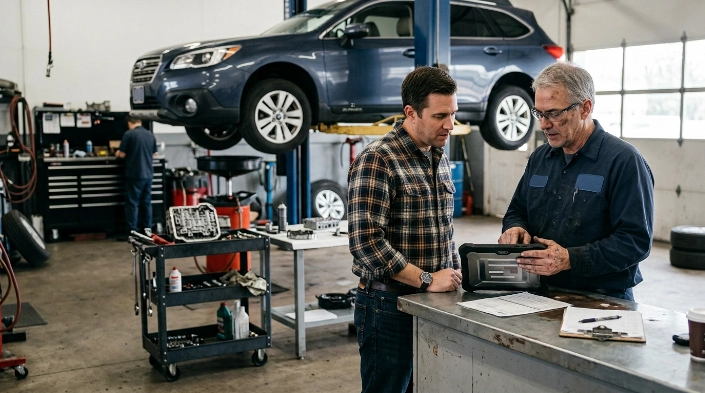 Vehicle owner reviewing possible P0740 repair costs with a transmission technician in a repair shop