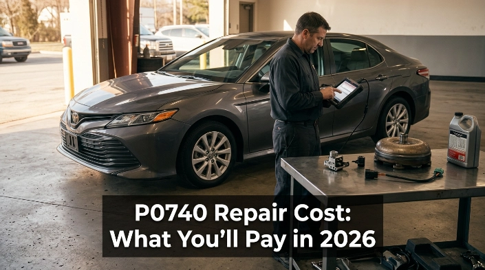 Mechanic diagnosing P0740 repair cost beside a sedan with transmission parts in a U.S. repair shop
