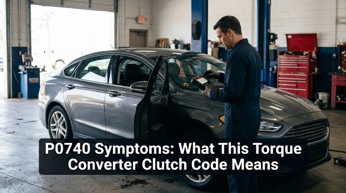 Technician diagnosing P0740 symptoms and torque converter clutch issues with an OBD2 scanner