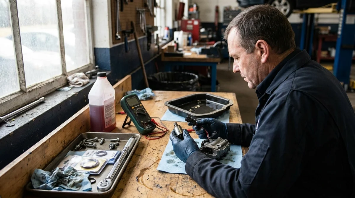 Technician repairing P0750 fault with shift solenoid, wiring, valve body, and transmission service tools