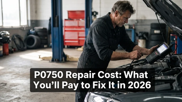 Technician using OBD2 scanner while diagnosing P0750 repair cost and transmission fault