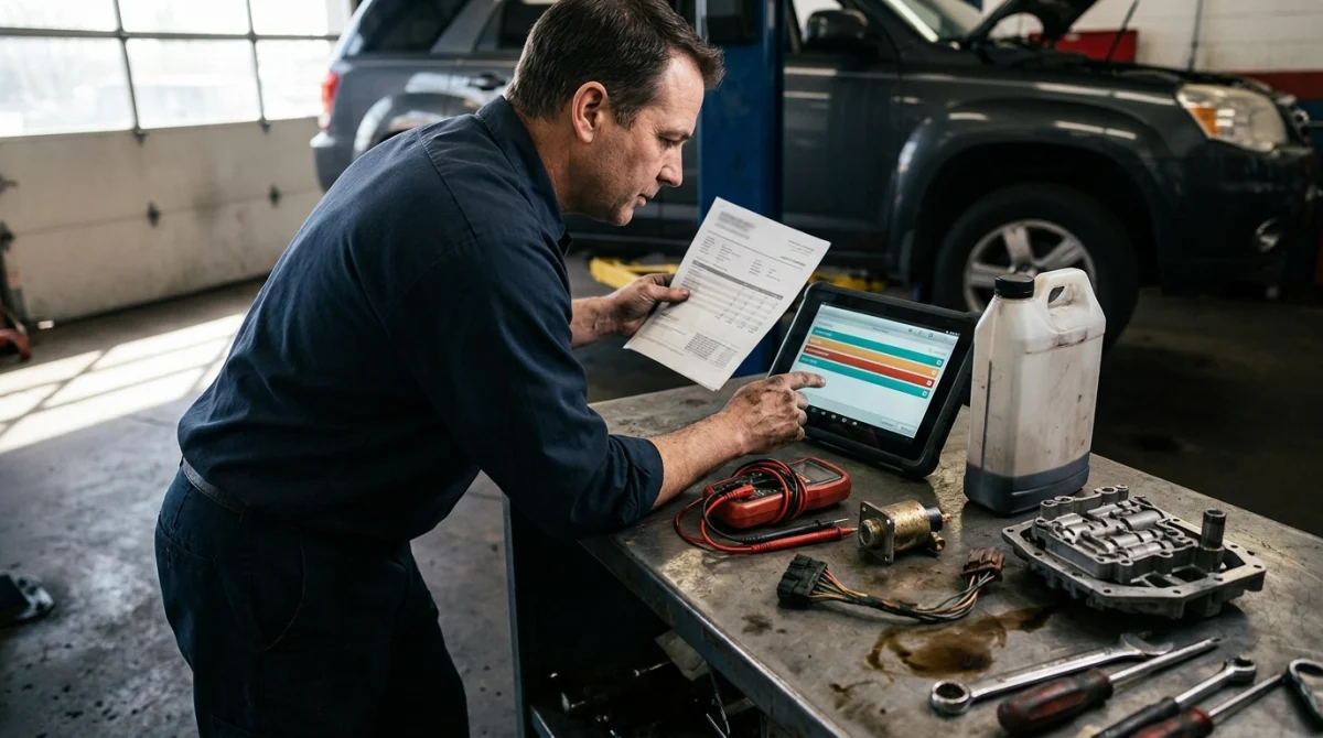 Technician comparing diagnostic, solenoid, wiring, and transmission repair options for P0750