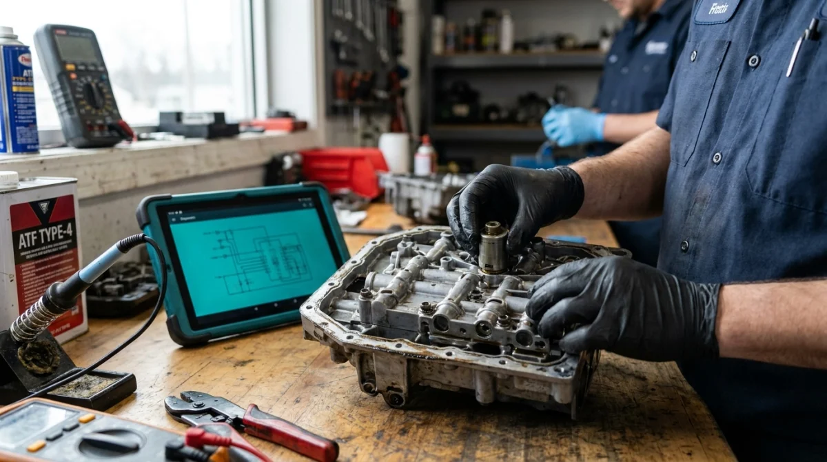 Technician repairing a shift solenoid and transmission valve body after diagnosing P0750