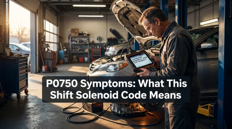 Technician diagnosing P0750 symptoms with an OBD2 scanner beside an automatic transmission vehicle
