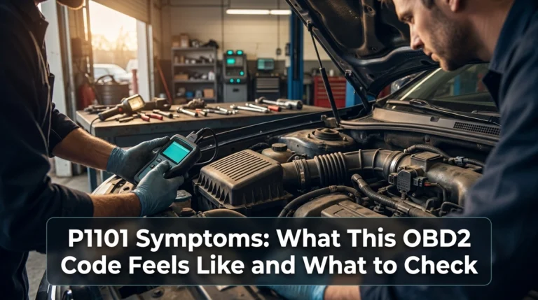 Mechanic checking P1101 symptoms with an OBD2 scanner beside a vehicle air intake system.