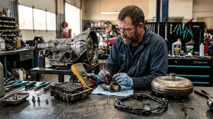 Transmission technician comparing wiring, solenoid, valve body and torque converter repair options for P0740.