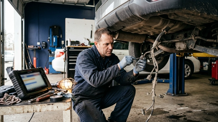 Technician checking sensor wiring and connector while diagnosing how to fix P0720