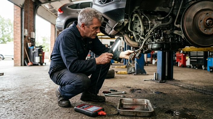Technician inspecting transmission wiring and connectors while diagnosing common causes of a P0740 code.